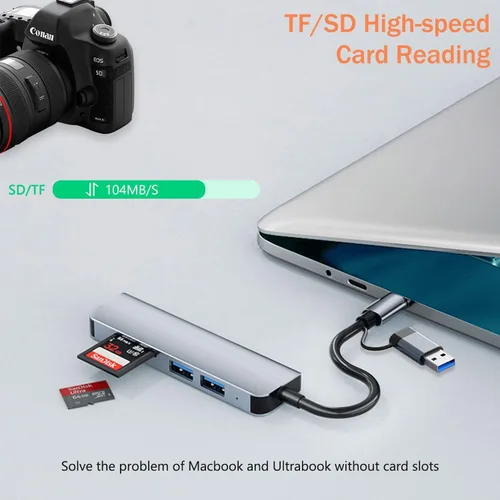 Vista 3 de VIENON 5 en 1 Hub USB-C de aluminio con lector de tarjetas de memoria y 3 puertos USB 3.0, para PC, portátiles, MacBook Pro/Air, iMac Pro, Surface