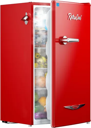 Vista 9 de Upstreman - Mini refrigerador retro de 3.2 pies cúbicos con abrebotellas, ahorro de energía, termostato ajustable, asa de metal, lámpara LED, mini