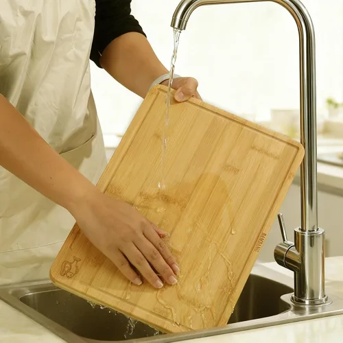 Vista 9 de BAMBANG Juego de tablas de cortar de bambú, tablas de cortar de madera de 3 piezas para cocina, bloque de carnicero no tóxico con ranura para jugo