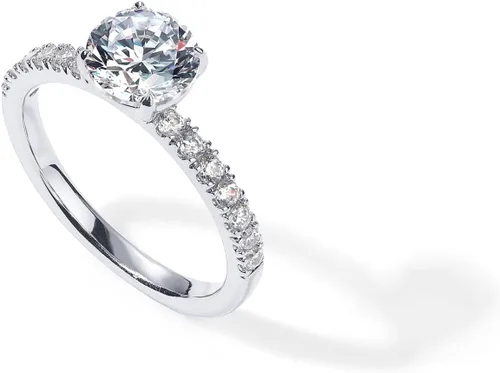 Vista 3 de PAVOI Anillo de compromiso chapado en oro de 14 quilates con circonita cúbica de corte redondo para mujer Anillo de boda falso para mujer Anillo