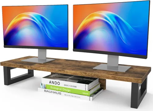 Vista 7 de WESTREE - Soporte elevador para monitor doble, soporte de escritorio multiusos de madera y acero para 2 monitores para computadora, laptop, Marrón