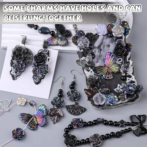 Vista 6 de 350 piezas de resina 3D ABS coloridos lazos de flores de rosas con parte trasera plana, cuentas de perlas semicirculares para pulseras, aretes