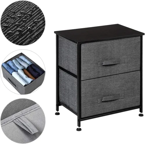 Vista 4 de Mueble de mesa de noche con 2 cajones, torre de almacenamiento de mesa auxiliar, marco de acero resistente, parte superior de madera, cubos de tela