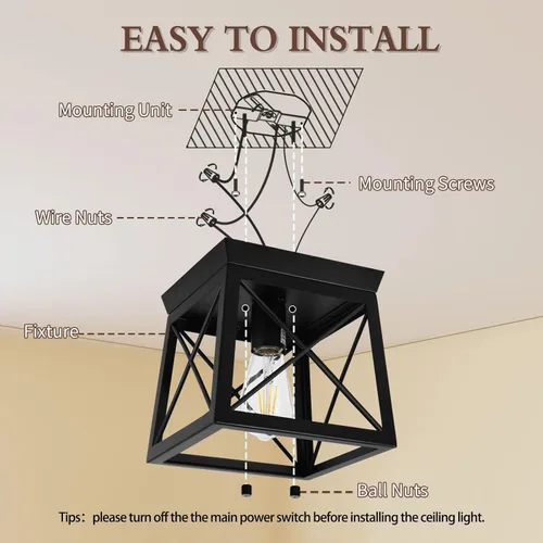 Vista 6 de 1 Light Black Industrial Flush Mount Ceiling Light Fixture - Square Farmhouse Caged Ceiling Light for Closet Kitchen Hallway Porch, E26, Dimmable