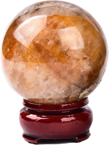 Vista 28 de AMOYSTONE Ágata calcopirita natural, bola de cuarzo simbiótico, esfera mineral de orbe de cristal curativo con base de madera