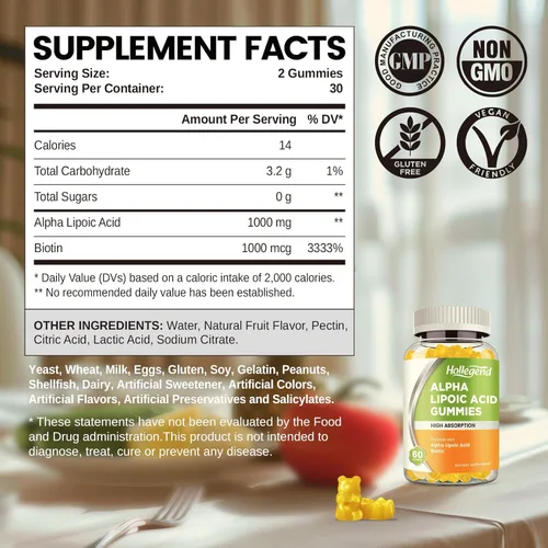 Vista 2 de Gomitas de ácido alfa lipoico de 1000 mg con biotina, suplemento de ALA masticable de alta absorción para antioxidantes, salud cerebral y apoyo