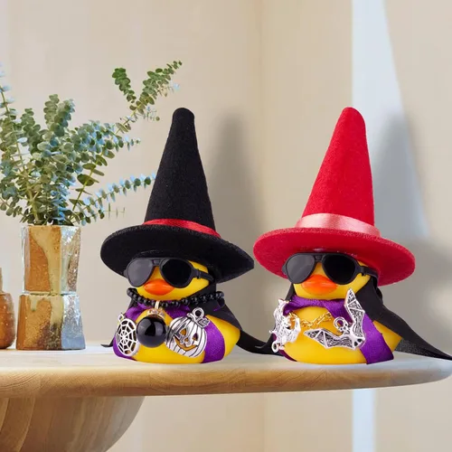 Vista 7 de Figura de pato de Halloween con mini sombrero de bruja, gafas de sol, collar para decoración de tablero de automóvil, V3-y2-b&red