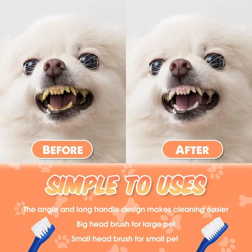 Vista 4 de Potchen 100 cepillos de dientes para perros, kit de cepillo de dientes de doble cabeza para mascotas, cerdas suaves, mango largo, doble cara