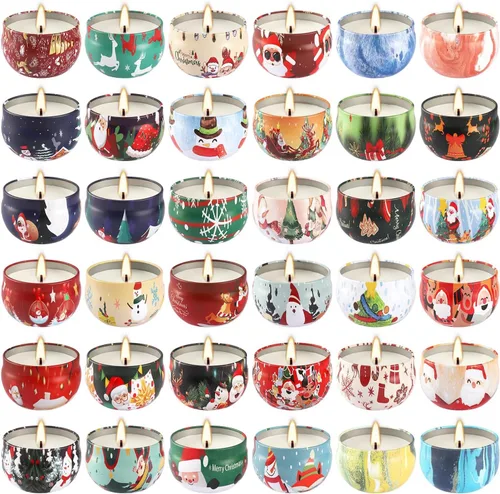 Vista 11 de Juego de 16 velas perfumadas de Navidad, velas de aromaterapia de 2.5 onzas, regalo para mujeres, 16 fragancias, velas de cera de soja para Navidad