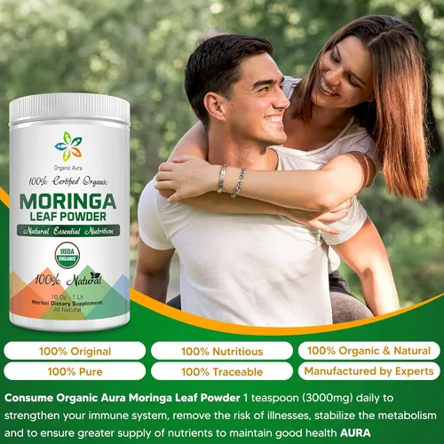 Vista 6 de Cápsulas orgánicas de hoja de moringa Aura 1500 mg - 150 HPMC Veg Nutrición súper alimentaria verde de hojas enteras Aumenta naturalmente