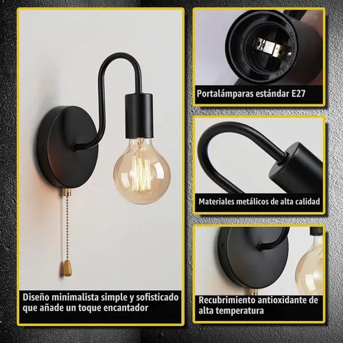 Vista 3 de Aplique de Pared Negro con Cadena de Tirar con Interruptor Luces de Pared Vintage E26 Lámpara de Pared Industrial Iluminación de Pared Retro Cadena