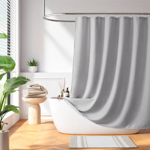 Vista 9 de Cortina Madison Park Spa Waffle de ducha con tela combinada y tratamiento 3M Scotchgard para control de humedad, decoración moderna para el baño