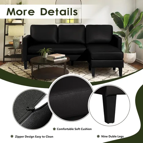 Vista 5 de Sofá modular convertible de cuero en forma de L con diván reversible, moderno sofá modular de 3 plazas para sala de estar, espacios pequeños