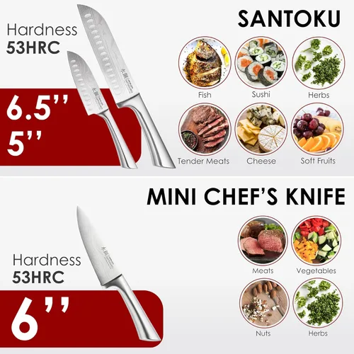 Vista 5 de Cuisine: pro Damashiro - Bloque de cuchillos Satori de 8 piezas, juego de cuchillos de acero japonés con bloque de cuchillos de madera de acacia