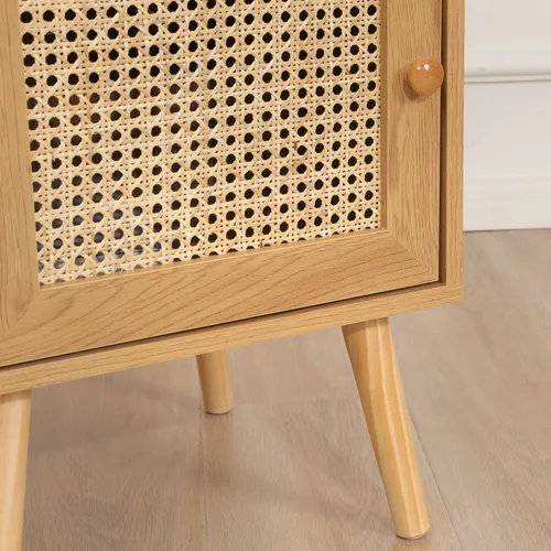 Vista 6 de Xilingol Mesita de noche de ratán con estación de carga, puertos USB y tomas de corriente, mesa auxiliar de madera bohemia para sala de estar