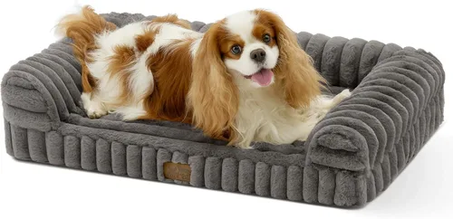 Vista 30 de COZY KISS Bonita cama para perro, cama ortopédica de espuma de conejo sintética con lados, funda extraíble lavable y forro impermeable, cómodo sofá