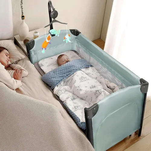 Vista 11 de JOYMOR Cuna junto a la cama para bebé, moisés para bebé, parque infantil convertible Pack n Play, cama de viaje plegable rápida con ruedas y freno