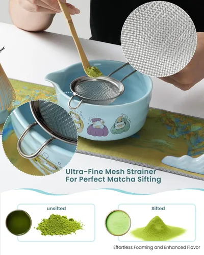 Vista 5 de Juego de batidor de matcha, juego de matcha de cerámica que incluye cuenco matcha, batidor y soporte, cuchara de bambú, soporte para cucharada