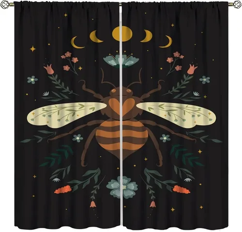 Cortinas con diseño de abeja, estilo bohemio, diseño floral, estrellado, jardín, estética, con bolsillo para barra, para sala de estar, cocina,