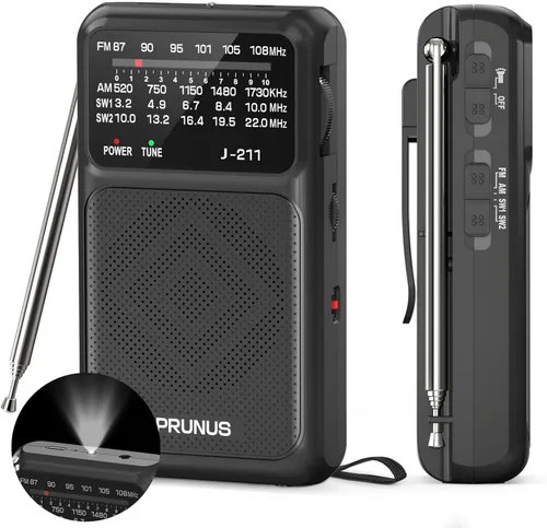 PRUNUS J-211 - Radio portátil AM FM con carga USB C y operada por baterías AA, radio de transistor, fuerte recepción y altavoz claro, conector para