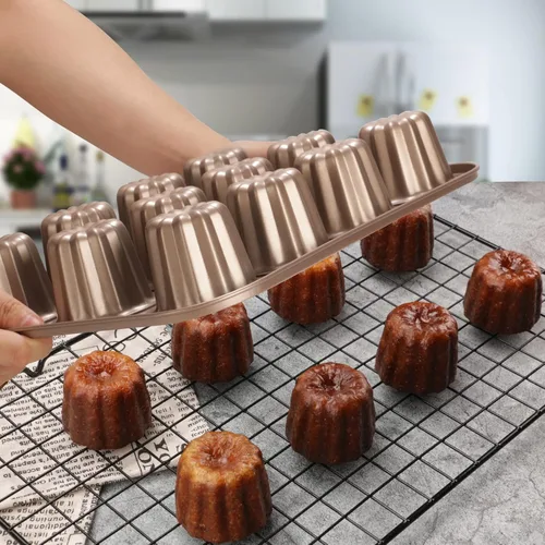 Molde de canele antiadherente de acero al carbono con 12 cavidades, color dorado