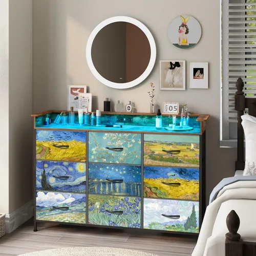 Vista 15 de EXOTICA Cómoda negra con estación de carga, 9 cajones con luz LED y puertos USB, cómoda de tela para dormitorio, pasillo, entrada, armarios, marco
