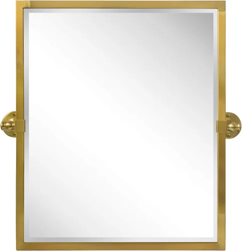Vista 5 de Espejo rectangular de baño con marco de metal dorado cepillado, espejos de tocador biselados inclinables para pared, total 23.9 x 24 pulgadas