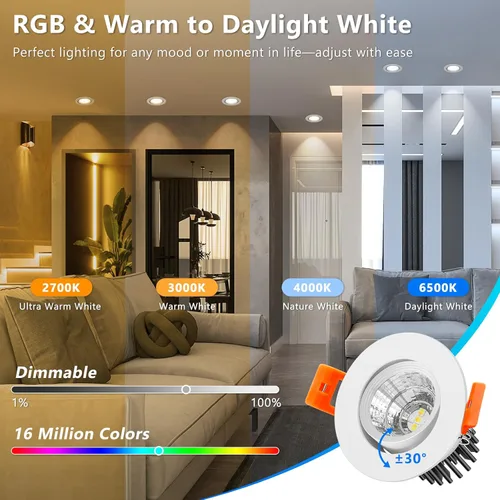 Vista 3 de Paquete de 4 luces empotrables inteligentes de 2 pulgadas, 5 W WiFi LED, regulables RGB y CCT 2700K-6500K, compatible con Alexa y Google Home, luz