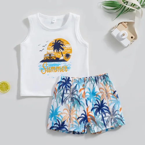 Vista 2 de Conjunto de pantalones cortos para niños pequeños, camiseta estampada junto al mar, 2 piezas, ropa de verano Conjunto de verano y árbol