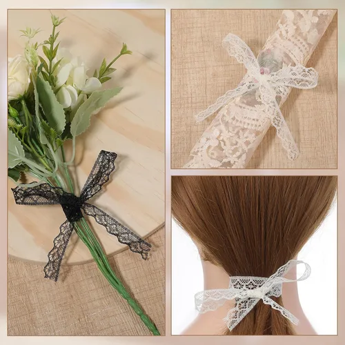 Vista 5 de Rollo de cinta de encaje de 60 yardas de 0.6 pulgadas de ancho, para decoración de bodas, ramo y embalaje de regalo (negro, blanco, beige)