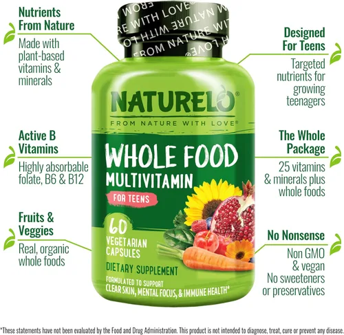 Vista 2 de NATURELO Multivitaminas para Adolescentes Niñas/Niños, 60 Cápsulas, Multivitamínico de Alimentos Integrales con Minerales, Sin OMG, Vegetariano