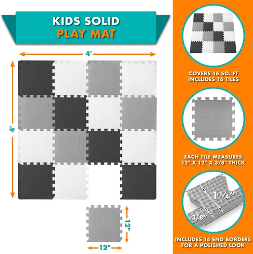 Vista 2 de ProSource Alfombra de espuma para rompecabezas para niños y bebés con colores sólidos, 36 o 16 azulejos encajables con bordes, Negro/Gris/Blanco
