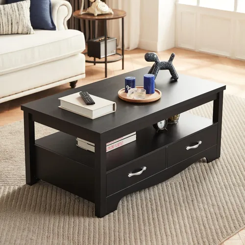 Vista 8 de LINSY HOME Mesa de centro de granja con almacenamiento, mesa de centro de madera para sala de estar, área de exhibición abierta y cajones