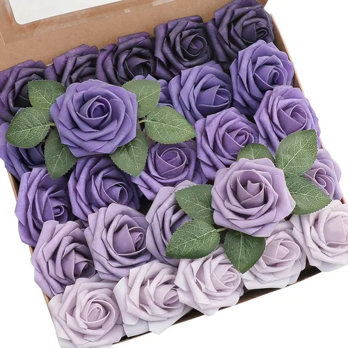 Vista 17 de Floroom Flores artificiales, 25 piezas de rosas falsas de espuma de color verde azulado de aspecto real con tallos para bricolaje, ramos de boda
