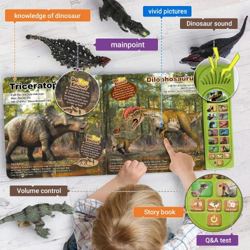 Vista 2 de FRUSE Juguetes de dinosaurio para niños de 3 a 5 años, 12 figuras de dinosaurio con libro interactivo de sonido de dinosaurio, incluye rugidos
