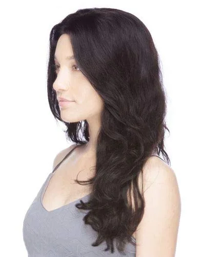 Vista 4 de BAMBINA - Peluca de color marrón oscuro natural de 23 pulgadas de largo, cabello humano Remy ondulado en capas de cabello humano suizo con encaje