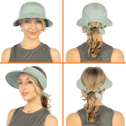 Vista 23 de SUN CUBE Sombrero de sol para mujer para protección UV al aire libre, sombrero de sol de ala ancha, cola de caballo, sombrero de playa convertible