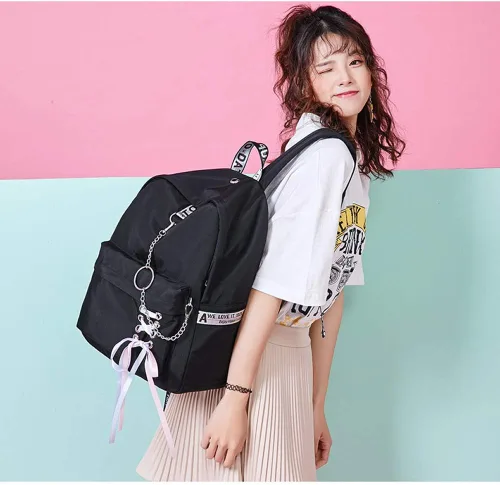 Vista 3 de Mochila escolar para adolescentes con puerto de carga USB de 16 pulgadas, mochila de viaje para computadora portátil, Negro-zapato encaje-usb