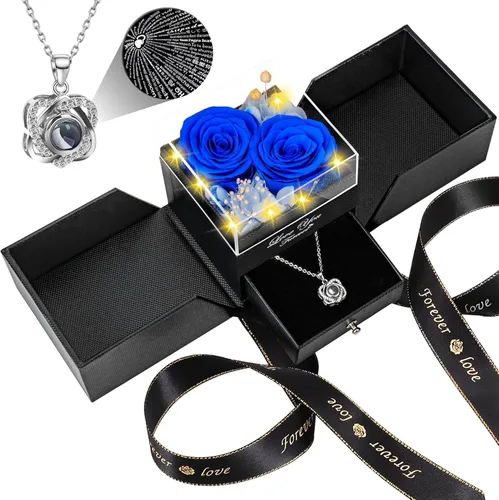 Vista 15 de Collar con diseño de rosa real preservada con corazón con texto en inglés "I Love You", flores eternas, regalos de cumpleaños para mujeres, mamá