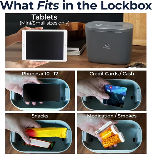 Vista 2 de Mindsight Timed Lock Box Plus Se adapta a tabletas pequeñas (iPad Mini), teléfonos (10+) y más Ideal para escuelas y familias Ayuda a reducir