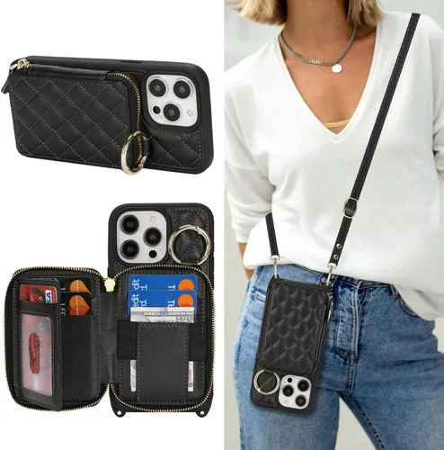 Vista 27 de Funda tipo cartera con bandolera para iPhone 15 Pro Max, funda de piel sintética con cierre de cremallera, funda tipo atril con ranuras para Oro Rosa