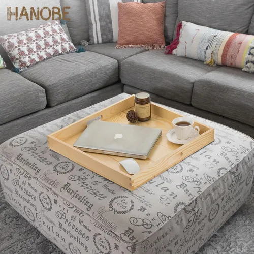 Vista 4 de Hanobe Bandeja otomana cuadrada grande: bandeja extra grande para servir con asas, bandejas decorativas de madera rústica, mesa auxiliar, decoración