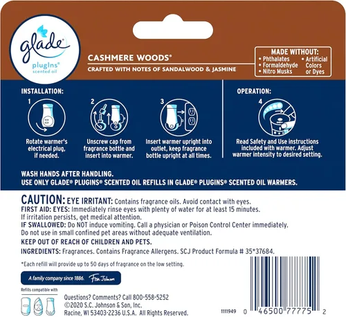 Vista 2 de Glade PlugIns - Recambios de ambientador, aceites esenciales y perfumados para el hogar y el baño, maderas de cachemira, 3.35 onzas líquidas, 5