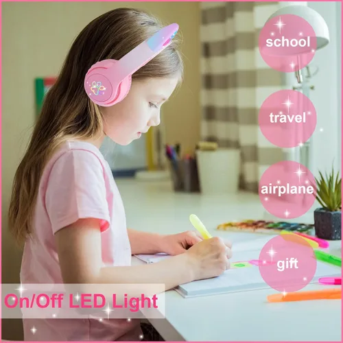 Vista 2 de Auriculares Bluetooth de orejas de gato para niñas, niños y adolescentes, luz LED, modo inalámbrico/con cable, auriculares estéreo plegables