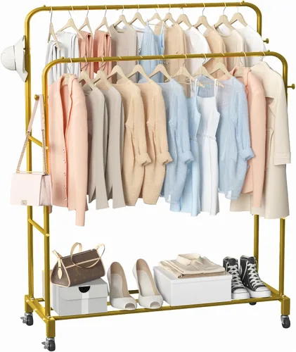 Vista 9 de Sooyee - Perchero de doble varilla con ruedas, 3 niveles, color negro Percheros metálicos para colgar ropa, portátiles, 4 ganchos