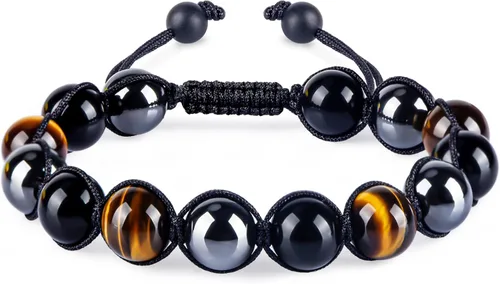 Triple Protection Bracelet for Women Men, 10mm Crystal Beads Bracelet Handmade with Real Tiger Eye Black Obsidian and Hematite, Natural Crystal