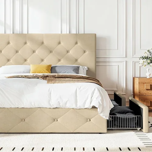 Vista 76 de HOOMIC Base de cama de almacenamiento de plataforma de tamaño matrimonial con 4 cajones y cabecera ajustable, listones de madera, no necesita