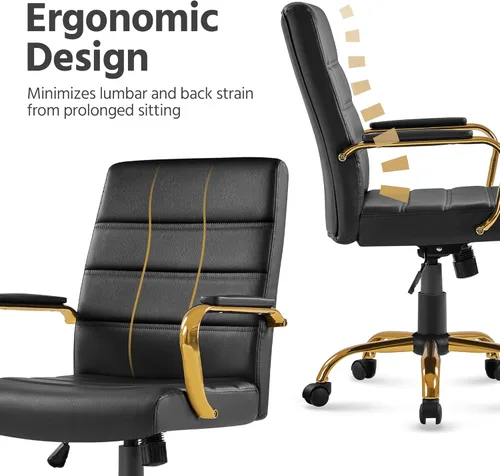 Vista 5 de Topeakmart Silla de escritorio de oficina Silla ejecutiva de cuero sintético ajustable con marco dorado asiento negro