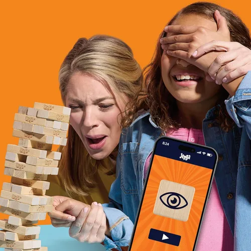 Vista 4 de Juego oficial de Jenga de Hasbro Games Dado digital para 6 formas más de jugar Juego original de bloques de madera Torre de apilamiento