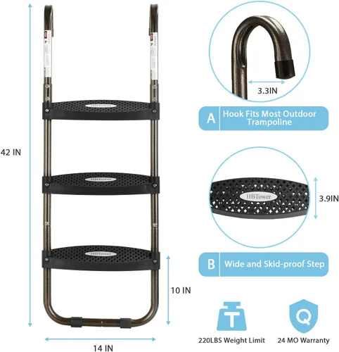 Vista 4 de Escalera de trampolín HBTower con pasos horizontales y anchos, gancho universal, acero tratado con UV, capacidad de 220 libras, accesorios